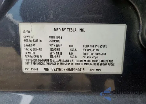 2021 Tesla Model Y z USA, uszkodzony, nr VIN 5YJYGDEE6MF060415